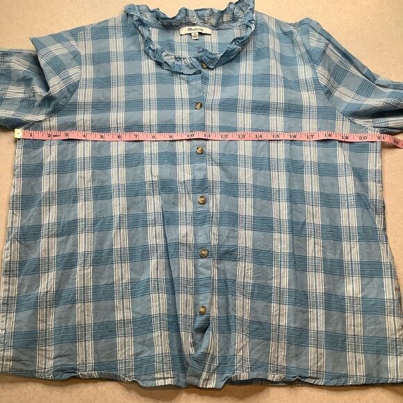 Madewell Ruffle‎ Neck Top Colwell Plaid Medium Blue & White - Picture 6 of 11